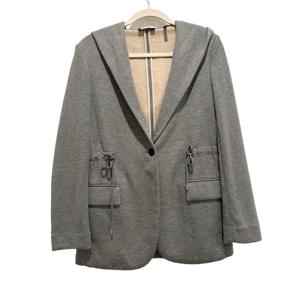 Theory Hooded Hoodie Blazer Coat Jacket Grey Knit Drawstring size Small EUC